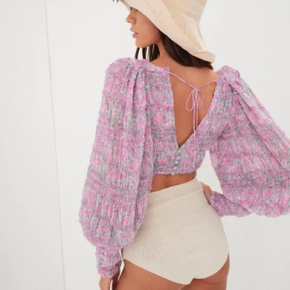 For Love and Lemons Saylor Blouse in Pink Balloon Pleats Sleeves Size XS - Picture 2 of 12